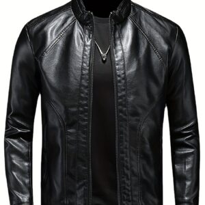 veste noire simple et décontractée pour homme en similicuir avec col montant