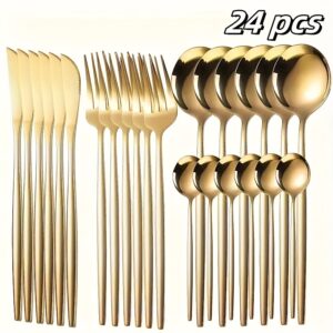 ensemble de vaisselle portugaise en acier inoxydable 24 pièces | couteaux, fourchettes, cuillères et cuillères à café dorés, acier inoxydable 410 poli, lavable au lave vaisselle, idéal pour les hôtels, les restaurants et les cuisines domestiques