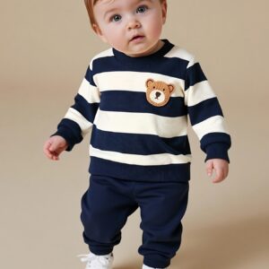 ensemble bébé garçon automne hiver color block rayé col rond véritable velours manches longues sweat et pantalon | avec adorable ours zhangzai, tissu confortable, tendance et mignon, idéal pour l'extérieur
