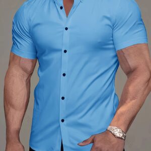 chemise à manches courtes et coupe slim pour homme style décontracté & professionnel, couleur unie, polyester respirant, lavable en machine