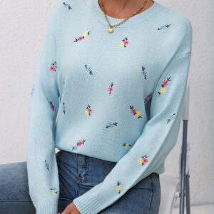 pull over décontracté à col rond avec broderie florale et manches longues amples pour femmes