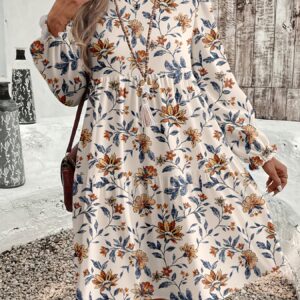 robe femme Élégante décontractée, robe à manches longues florale automne hiver, style bohème (collier non inclus)