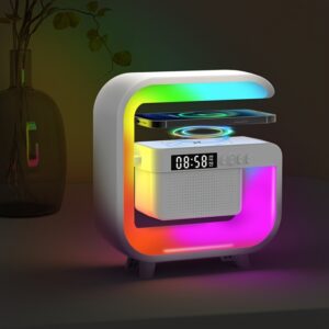 lampe de bureau musicale sans fil 4 en 1 avec alarme, affichage de l'heure 24 heures, batterie rechargeable/alimentation usb double, source de lumière led, bouton poussoir