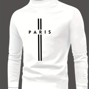 t shirt à col montant pour homme, élégant et chic, à manches longues, avec imprimé de lettres croisées paris, confortable et doux, parfait pour une tenue décontractée.