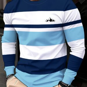 chemise à manches longues pour homme rayures horizontales bleu marine et blanc, coupe régulière respirante pour printemps/été, plage, bureau essentiel de garde robe lavable en machine, tee shirt décontracté, col rond, léger, style casual