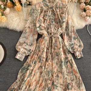 robe maxi a line femme 2025 style vacances haute taille avec nœud, manches boules et col v, jupe plissée ample à longues manches europe & amérique