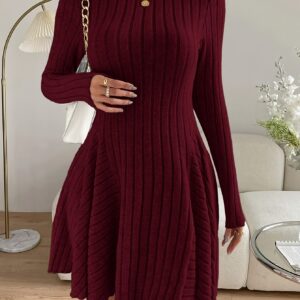 Élégante robe côtelée à col rond pour femmes | couleur unie, manches longues, longueur courte, idéale pour la saint valentin, le nouvel an, les soirées