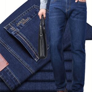 jeans semi formels pour hommes à taille droite avec détails, coupe régulière mi haute, lavables en machine et fermeture Éclair intégrée pour tenue de bureau & décontractée, denim polyvalent | coutures détaillées