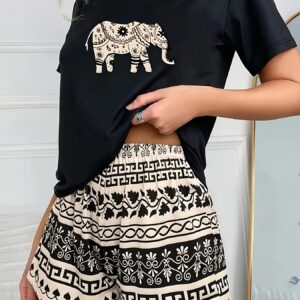 pyjama femme manches courtes et short motif éléphant ensemble confortable en coton, col rond, tenue décontractée pour la maison