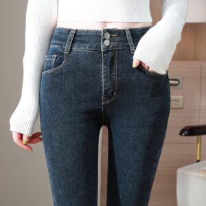 jeans femme taille haute ajustée design Élastique à boutons, contrôle du ventre et style legging, adaptés à un usage décontracté ou formel en tissu denim