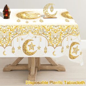 1 pièce, nappe en plastique ramadan kareem, motif Étoile dorée blanche, lune & lanterne eid, nappe rectangulaire jetable eid, décorations mubarak 2026 pour décoration de table de cuisine et salle à manger, fournitures pour fête ramadan mubarak, rassemblements eid al fitr & eid al adha