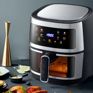 1 friteuse à air 6l | fenêtres transparentes, options de programme, fonctions 6 en 1 (croustilles, grillades, rôtis, déshydratation, cuisson, réchauffage), noir, intérieur en acier inoxydable, puissance 1350w, alimentation par prise 220v 240v