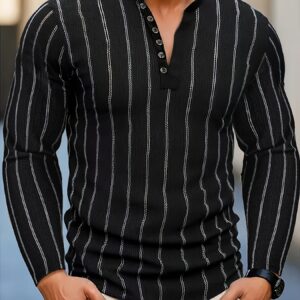 [tenue décontractée] chemise casual homme à manches longues rayures rayures verticales noir et blanc, col henley boutonné, tissu jersey à Élasticité moyenne, idéal pour tenue décontractée automne/hiver