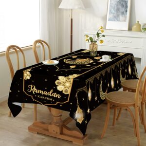 1pc nappe en polyester eid mubarak, housse de table noire ramadan kareem, décoration de fête musulmane islamique, cadeaux eid al adha, avec fabrication mécanique pour la décoration intérieure, convient pour 4 6 places