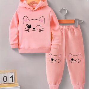 ensemble sweat shirt à capuche et pantalon en polaire à manches longues pour bébés filles, imprimé de dessin animé style printemps et automne, spécialement conçu pour l'extérieur