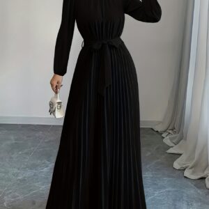 robe longue élégante à manches longues plissée avec ceinture nouée rose pâle, col montant, coupe fluide pour femme, idéale pour occasions décontractées ou formelles | style sophistiqué | détails plissés