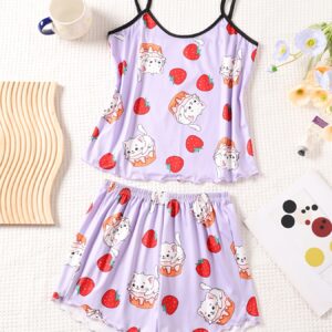 ensemble de pyjama sexy à bretelles spaghetti pour femme avec imprimé de chat de dessin animé et de fraise, tissu en tricot de polyester, ensemble de vêtements de nuit d'été