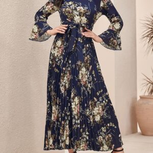 robe longue élégante à imprimé floral avec manches à volants et taille nouée bleu marine, blanc et design floral doré, silhouette trapèze fluide, parfaite pour le printemps/automne, mode femme adulte, robe florale