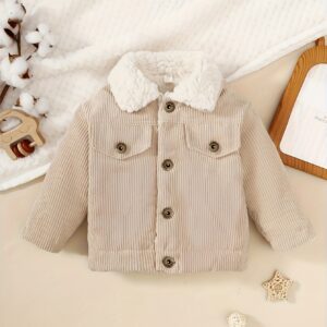 veste en velours côtelé mignonne pour bébés filles avec un col en peluche, dotée de faux poches et d'un design de couleur unie, parfaite pour l'automne et l'hiver.