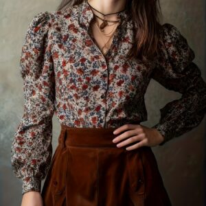 blouse Élégante pour femme à manches cloche avec col montant et boutonnage chemise à imprimé floral toutes saisons, lavable en machine, hauts de longueur régulière pour mariages, bureau, fêtes (port toute l'année)