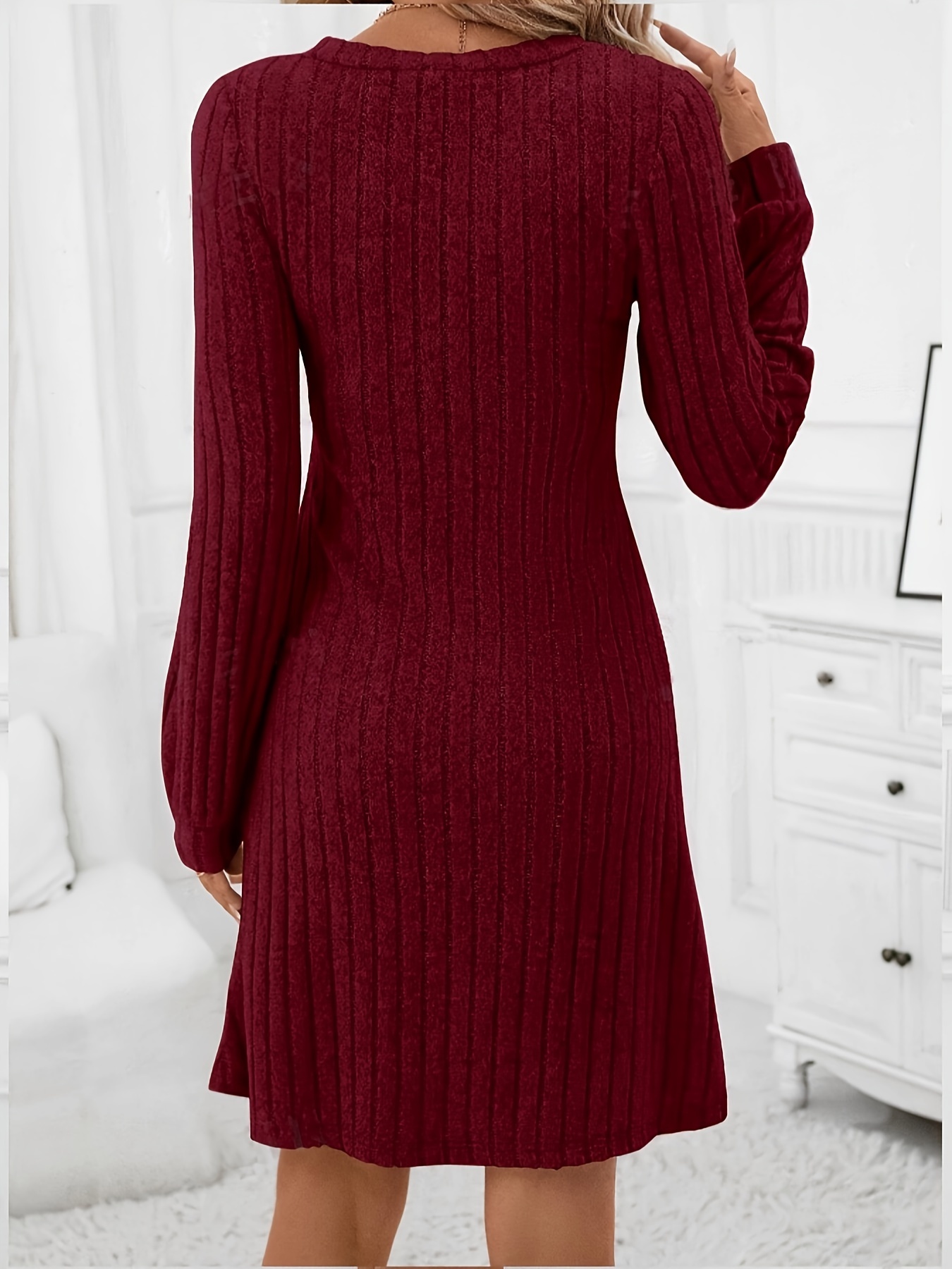robe femme col v côtelée robe mi longue moulante à manches longues en bourgogne avec poches, extensible moyenne lavable en machine, tenue décontractée automne hiver, Élégante robe tricotée robe femme col v côtelée robe mi longue moulante à manches longues en bourgogne avec poches, extensible moyenne lavable en machine, tenue décontractée automne hiver, Élégante robe tricotée