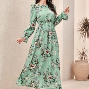ensemble de robe trapèze à imprimé floral pour femme manches longues, boutonnée avec détail à volants, imprimé floral vert clair, style décontracté, port à toutes les saisons, vêtements décontractés | robe à imprimé floral | robe à volants