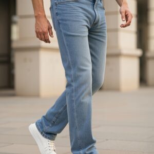 yick ming jeans d'affaires droit pour hommes | bleu clair, adaptés à toutes les saisons, coupe régulière, tissu tissé, légèrement extensible, couleur unie, détails délavés