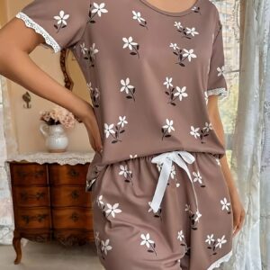 pyjama femme à imprimé floral avec dentelle