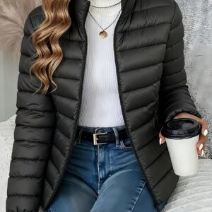 veste courte légère à col montant pour femmes, idéale pour l'automne et l'hiver | anti froissement, fermeture éclair, style coréen, veste de travail noire, manteau d'hiver élégant, tissu lisse, chaude et résistante au froid, parfaite pour le bureau et les sorties quotidiennes