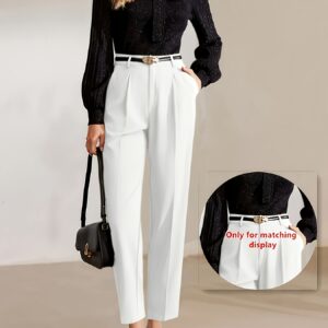 pantalon large plissé élégant de couleur unie pour femme taille haute, ceinturé, noir avec détail de bouton doré, pantalon polyvalent toutes saisons pour le bureau ou les tenues décontractées, pantalon large polyvalent | pantalon ceinturé | design structuré