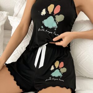 ensemble de pyjama imprimé coloré pour femmes haut de cami à bretelles noires avec détail de nœud blanc, short et texte "with hope comes", vêtements de nuit décontractés pour adultes, vêtements de nuit confortables | haut imprimé amusant | bretelles réglables, pyjamas pour dames