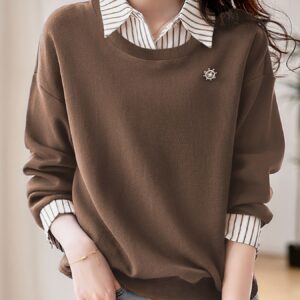 polo rayé à manches longues pour femme, automne hiver, décontracté et confortable | col à revers élégant, coupe régulière, tissu à élasticité moyenne, patte de boutonnage