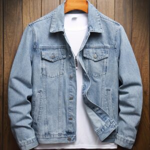 veste d'usine décontractée pour homme en denim bleu clair à revers, couleur unie, non extensible, coupe régulière, usage quotidien et quotidien, poche de couleur unie, style classique pour hommes