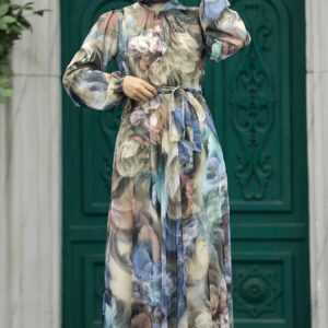 robe longue femme style oriental à motifs floraux, taille ajustable avec ceinture, manches longues et col rond, lavable en machine, pour printemps été automne, élégante pour occasions décontractées ou formelles