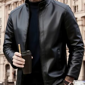 veste pu à col montant pour homme, manteau décontracté slim fit tendance | fermeture Éclair Élégante, doublure confortable, port quotidien polyvalent pour le printemps et l'Été | style urbain motard, tissu résistant, design moderne pour rendez vous, travail, activités extérieures | plusieurs tailles
