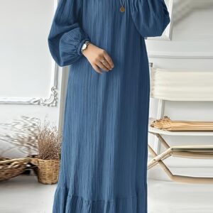 222# robe longue à manches lanternes, col rond, ourlet flottant et volants, unie