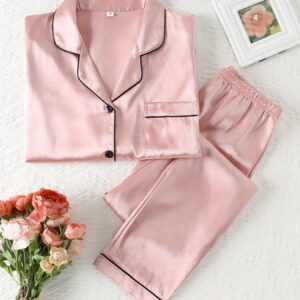 ensemble pyjama en satin de couleur unie de haute qualité pour l'automne et l'hiver, haut à manches longues confortable et pantalon à taille élastique confortable
