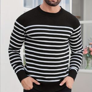 [pullover homme rayé] pullover décontracté homme à rayures marron & rayures horizontales, manches longues col rond, pull Élastique pour printemps/automne, tenue de bureau, vêtements décontractés, maille classique, maille durable, tenue de bureau, maille Élégante