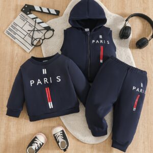 ensemble 3 pièces haut à manches longues d'automne/hiver pour bébé garçon + pantalon à taille élastique + gilet | imprimé alphabet "paris", style streetwear décontracté, détails en maille côtelée, convient pour l'extérieur et les tenues décontractées