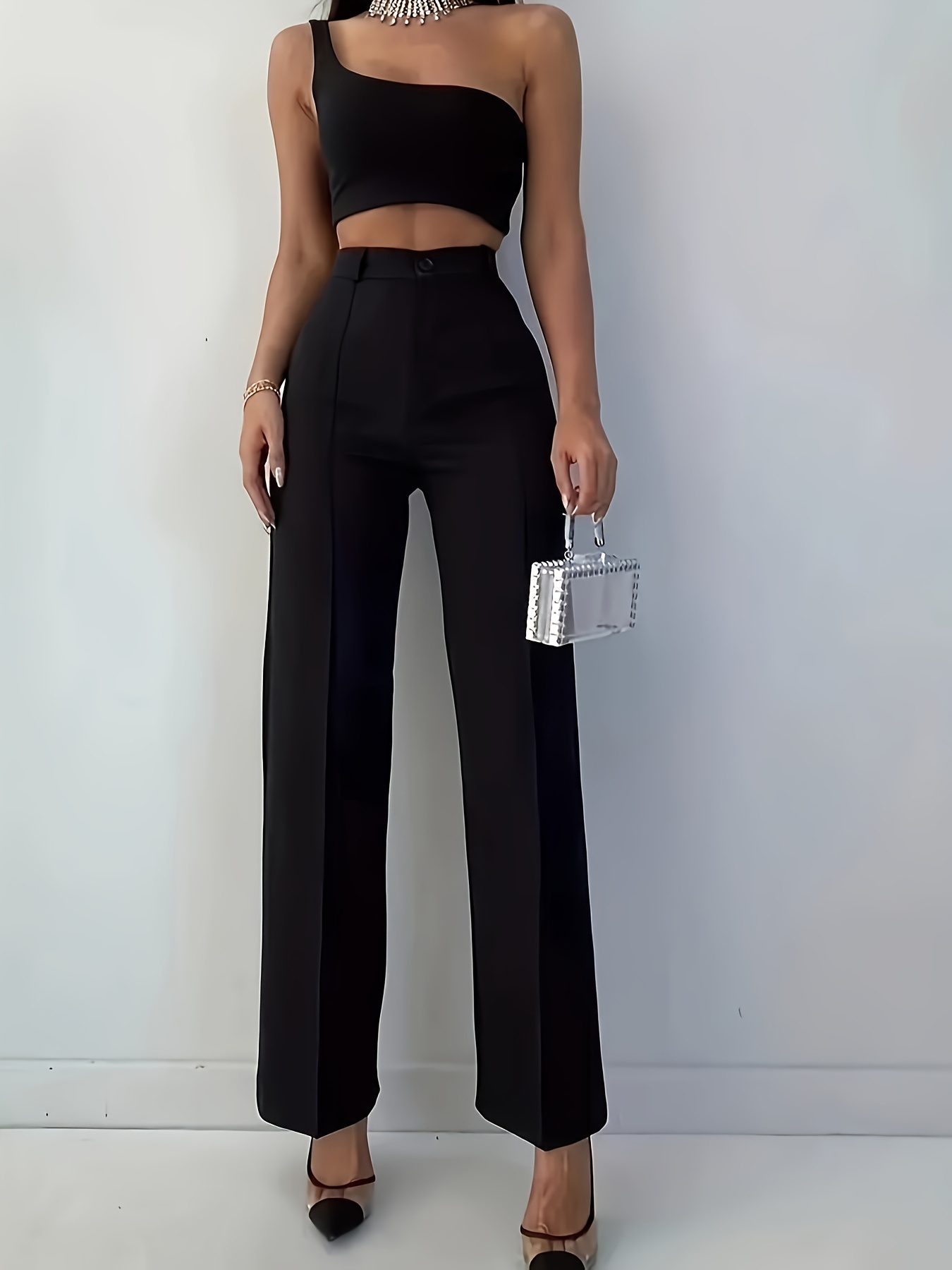 pantalon femme Élégant noir à jambes droites avec fermeture Éclair et bouton, design ouvert, pantalon costume décontracté pour le travail et les déplacements quotidiens, lavable en machine, tissu doux et confortable, ceinture incluse pantalon femme Élégant noir à jambes droites avec fermeture Éclair et bouton, design ouvert, pantalon costume décontracté pour le travail et les déplacements quotidiens, lavable en machine, tissu doux et confortable, ceinture incluse
