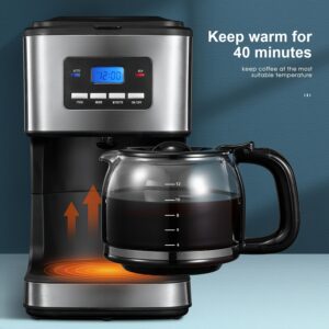 machine à café, 12 tasses, programmable, machine à café à goutte régulière et forte pour la maison et le bureau, carafe en verre, minuterie 24 heures et fonction de maintien à température pendant 40 minutes