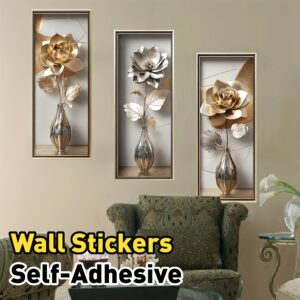 3pcs stickers muraux 2d Étagère décoration murale florale, stickers décoratifs minimalistes modernes, auto adhésifs, amovibles, convient pour la décoration murale de fond de salon et de chambre à coucher, décoration murale | motif floral | installation facile, stickers muraux