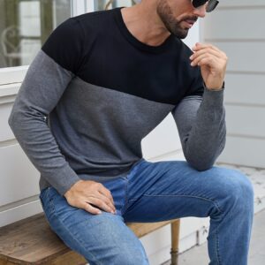 pull homme décontracté manches longues col rond & design color block gris, tissu doux et extensible, coupe standard, essentiel printemps/automne pour tenue décontractée, tricot, vêtements printemps automne, tricot classique, tricot confortable