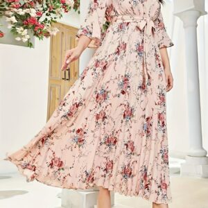 robe maxi à imprimé floral pour femme robe Élégante et fluide, lavable en machine, tenue formelle & décontractée pour soirées, bureau ou tous les occasions robe florale, col haut, détails plissés, tissu doux, conception résistante, vêtement adulte
