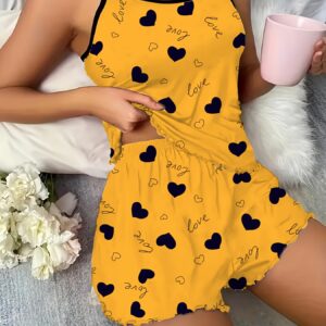 ensemble de pyjama à bretelles spaghetti imprimé cœur jaune pour femmes romper sexy sans manches avec ourlet froncé, polyester léger, parfait pour l'été, vêtements de détente décontractés, vêtements de détente décontractés | imprimé joyeux | tissu léger
