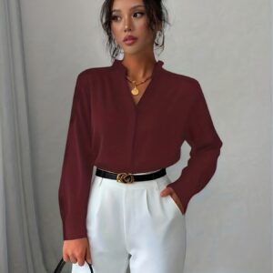 chemisier élégant à manches longues pour femmes chemise slim fit avec encolure à volants, tissu non extensible lavable en machine, hauts formels et décontractés toutes saisons pour le bureau, les fêtes, les mariages vêtements chic pour femmes facile d'entretien