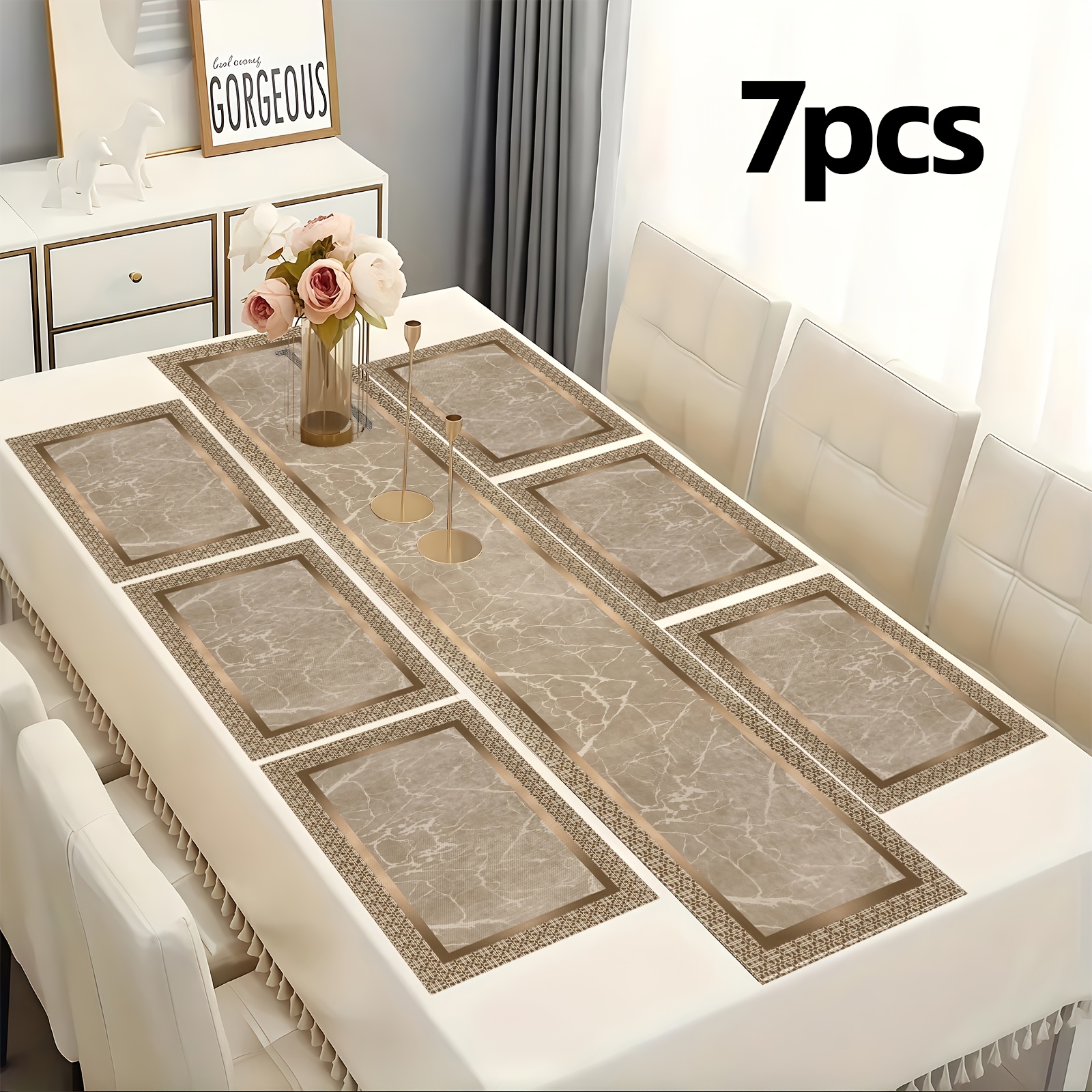 1/5/7 pièces, chemin de table et nappes de table géométriques dorées de luxe inspirées des motifs de marbre, avec des accents beige et dorés, parfaites pour les réunions de famille, les mariages et les décorations d'anniversaire idées cadeaux élégantes, décoration de table. 1/5/7 pièces, chemin de table et nappes de table géométriques dorées de luxe inspirées des motifs de marbre, avec des accents beige et dorés, parfaites pour les réunions de famille, les mariages et les décorations d'anniversaire idées cadeaux élégantes, décoration de table.