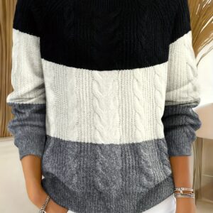 pull femme Élégant à manches longues col rond, bloc de couleur jacquard, hiver automne, haut décontracté, vêtement femme