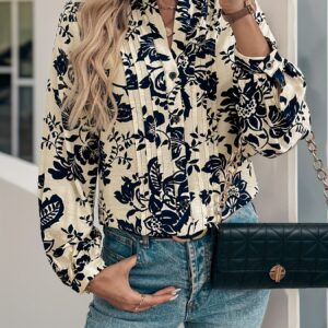 haut à manches longues pour femme imprimé floral vintage, col droit et plissé, style élégant pour automne hiver