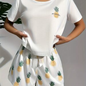 ensemble de pyjama décontracté pour femmes avec imprimé d'ananas haut à manches courtes ample et doux avec taille à cordon et short assorti, lavable et séchable en machine, parfait pour la détente, vêtements de détente | haut imprimé amusant | haut lavable en machine, accessoires d'ananas